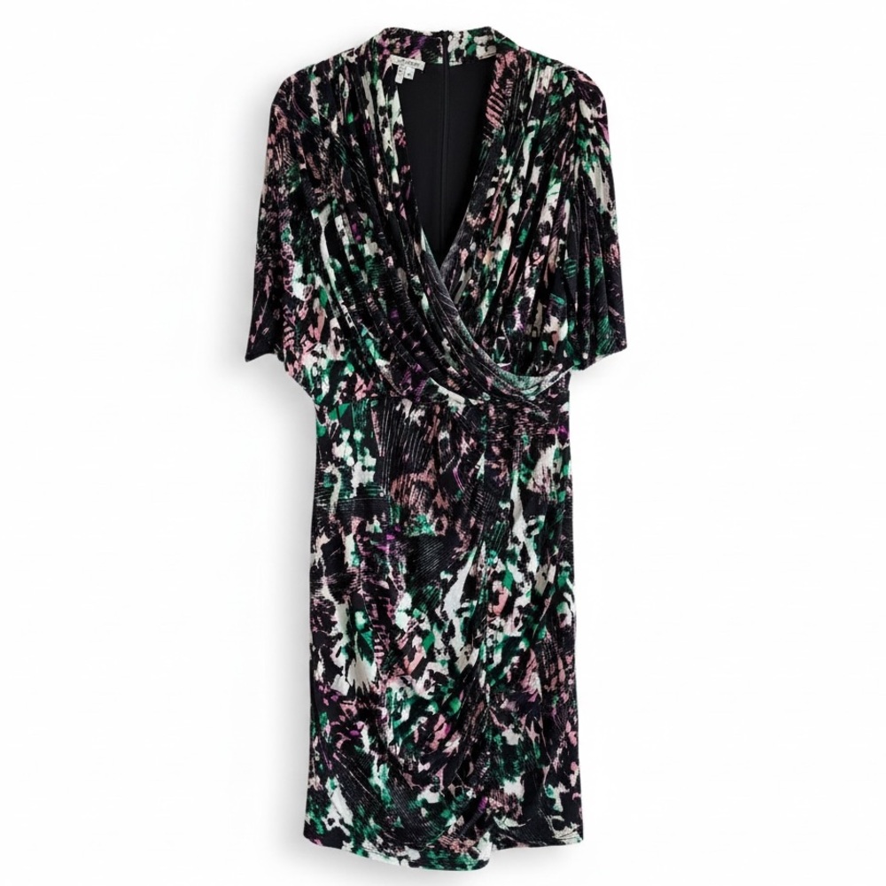 Maggie London Abstract Print Ruched Faux Wrap Dress Work Wear Black Green 14